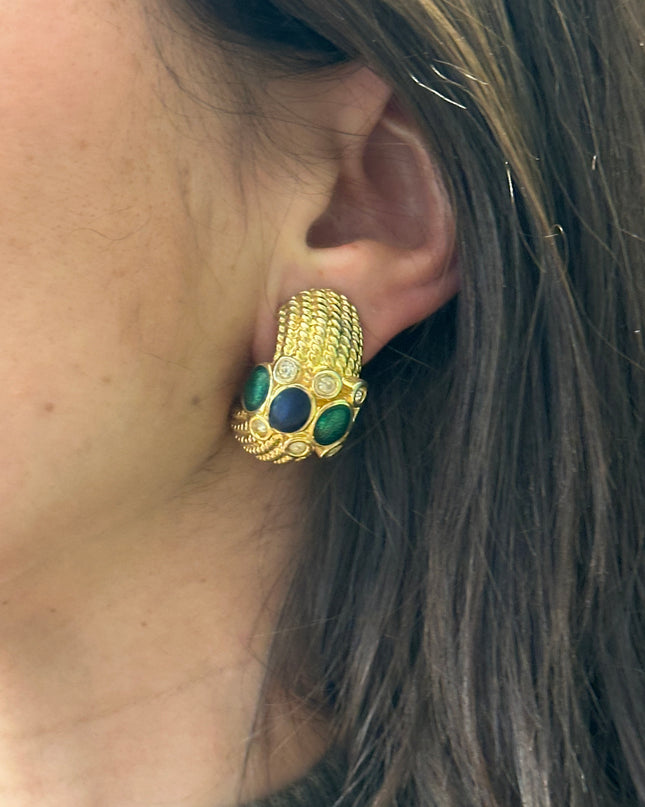 Boucles d’oreilles vintage à clips dorées – pierres bleues & vertes – pièce unique