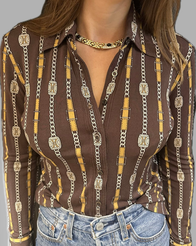 Chemisier vintage Céline en soie – Marron – Taille 36