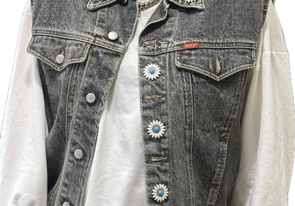 Veste en jean sans manches vintage customisée – Gris délavé – Taille unique