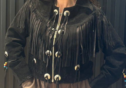 Blouson vintage en daim à franges et rivets argent – taille unique