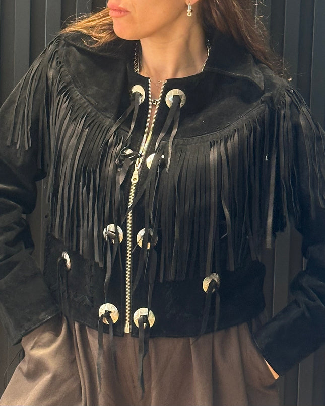 Blouson vintage en daim à franges et rivets argent – taille unique