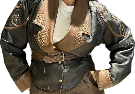 Blouson en cuir vintage noir et marron – Taille unique
