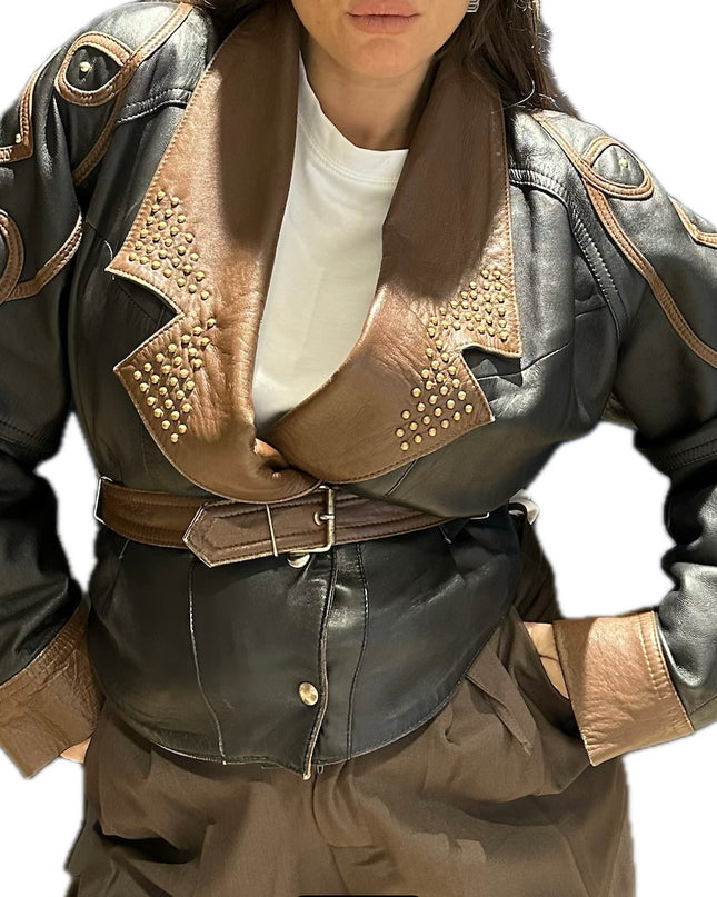 Blouson en cuir vintage noir et marron – Taille unique
