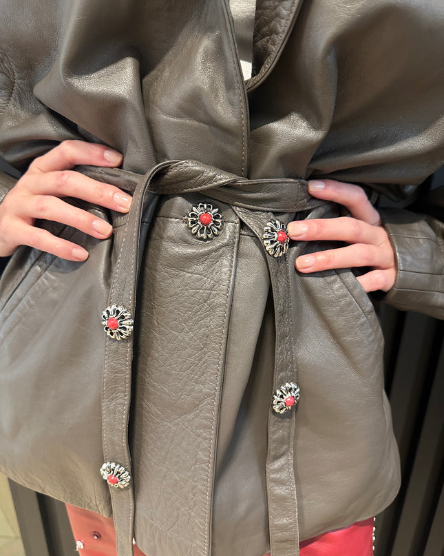 Blouson vintage en cuir – Couleur Kaki – Taille Unique