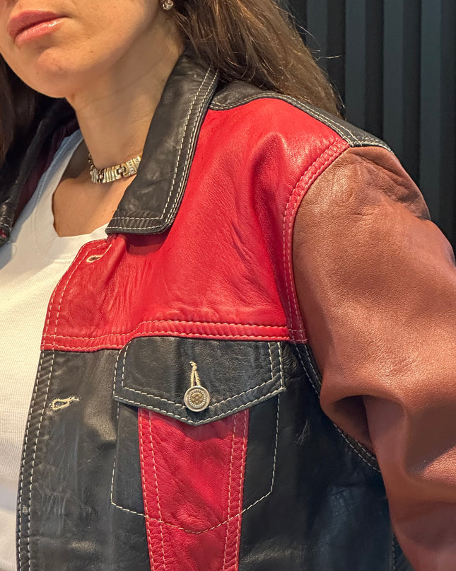 Veste en cuir patchwork vintage – bordeaux, noir & rouge