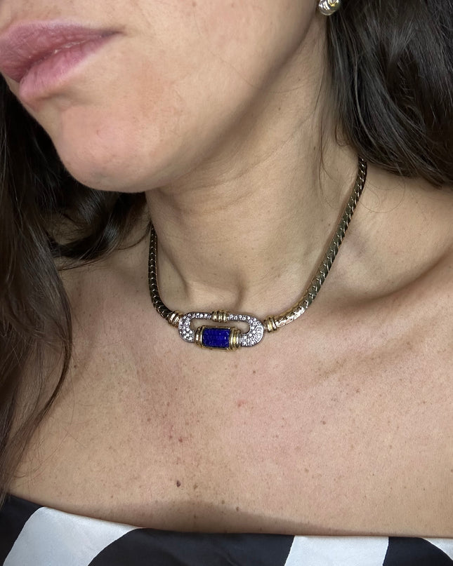 Collier vintage doré à pierre bleue – Bijou fantaisie d’exception