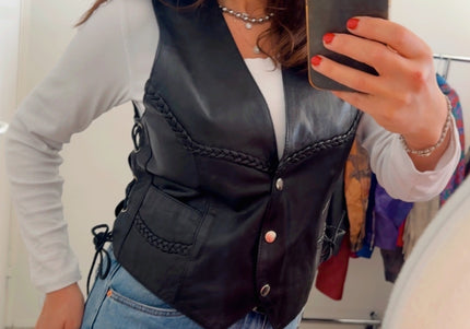 Veste sans manches vintage en cuir avec laçages – taille unique