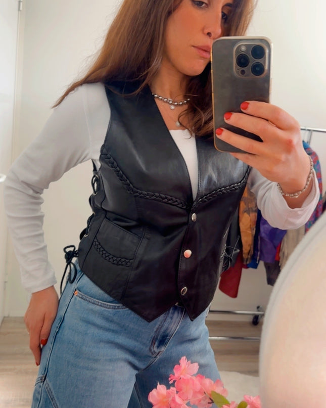 Veste sans manches vintage en cuir avec laçages – taille unique