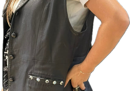 Veste sans manches en cuir noir vintage customisée – Taille unique