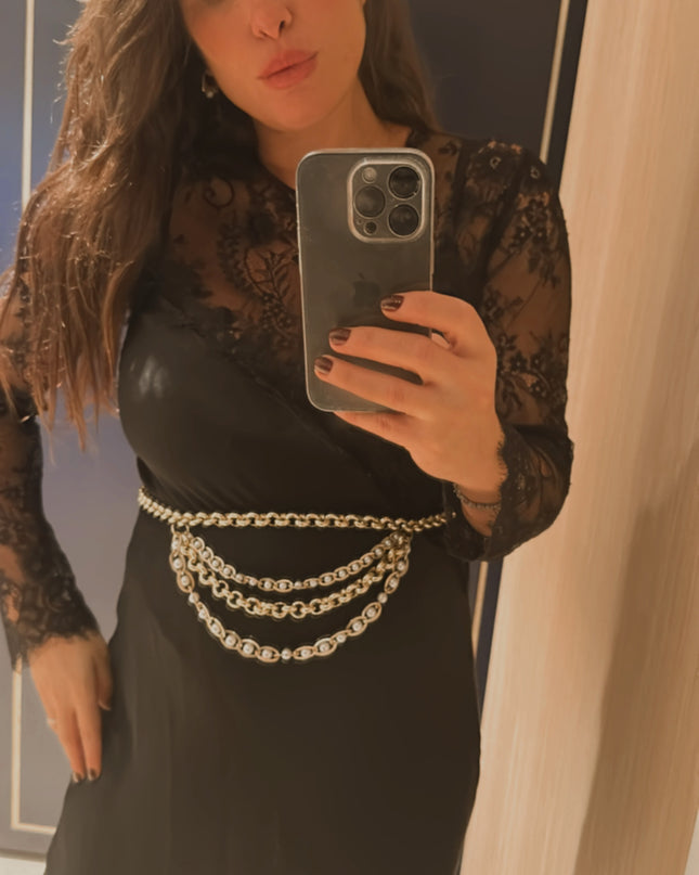 Ceinture vintage à chaîne dorée et perles blanches – Taille unique