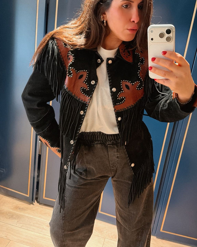 Veste vintage à franges & empiècements en cuir – Pièce iconique