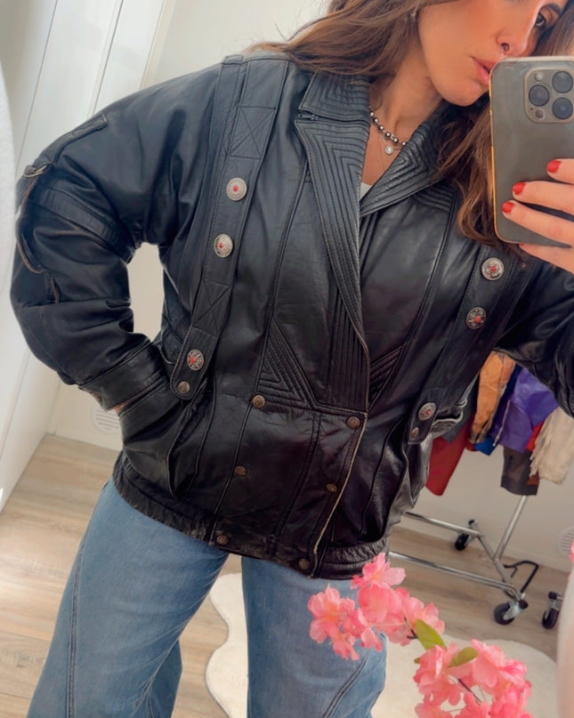 Blouson vintage en cuir 2 en 1 – manches amovibles