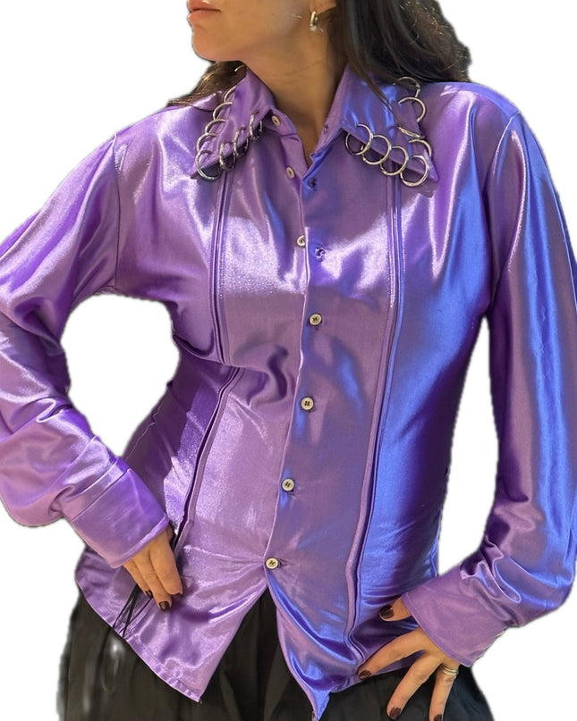 Chemisier vintage violet métallisé customisé – Taille unique