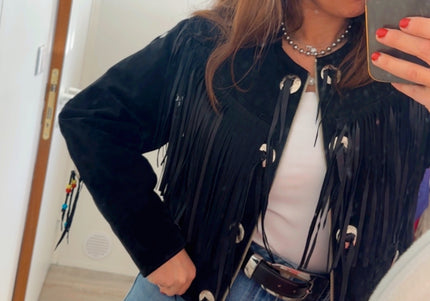 Blouson vintage en daim à franges et rivets argent – taille unique