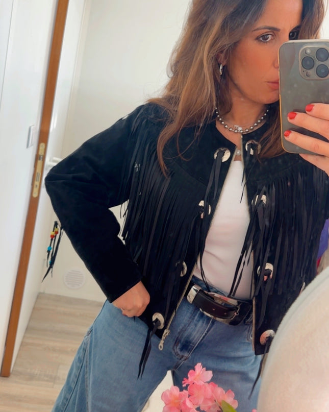 Blouson vintage en daim à franges et rivets argent – taille unique