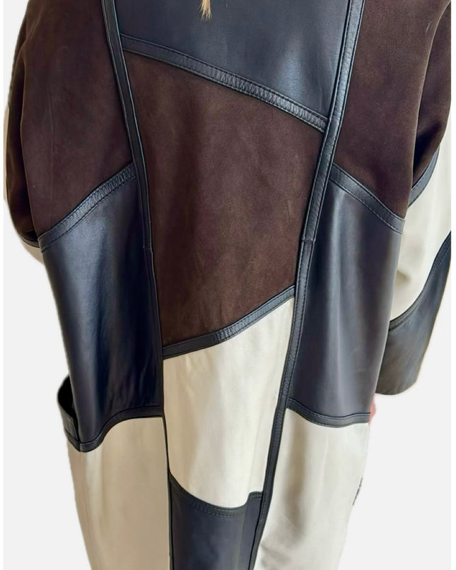 Manteau patchwork écru, marron & noir – Rancœur Vintage (Taille Unique)