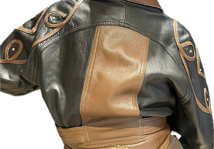 Blouson en cuir vintage noir et marron – Taille unique