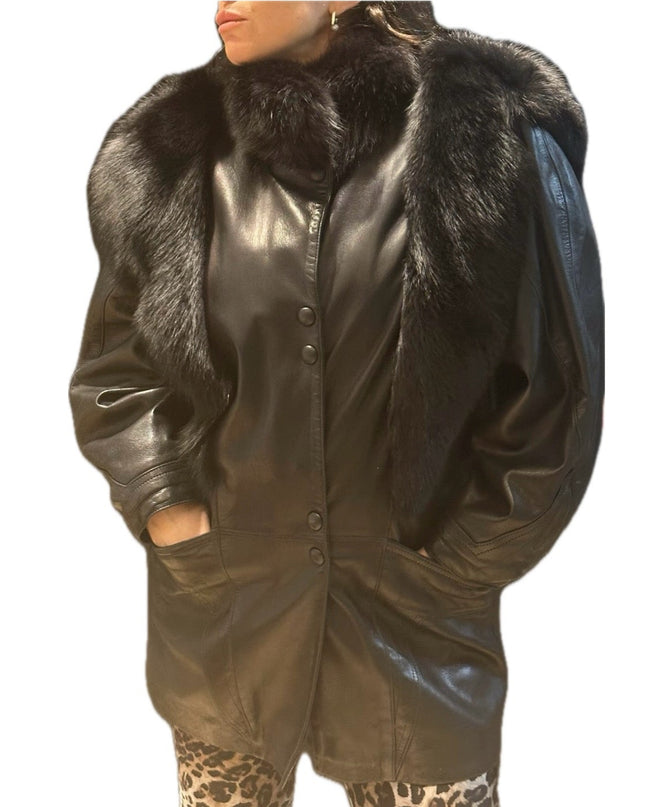 Veste vintage en cuir et fourrure – Taille unique