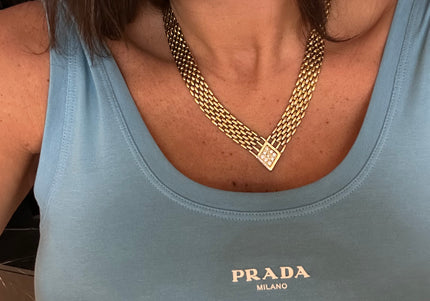 Collier vintage en maille gourmette – pendentif carré pavé