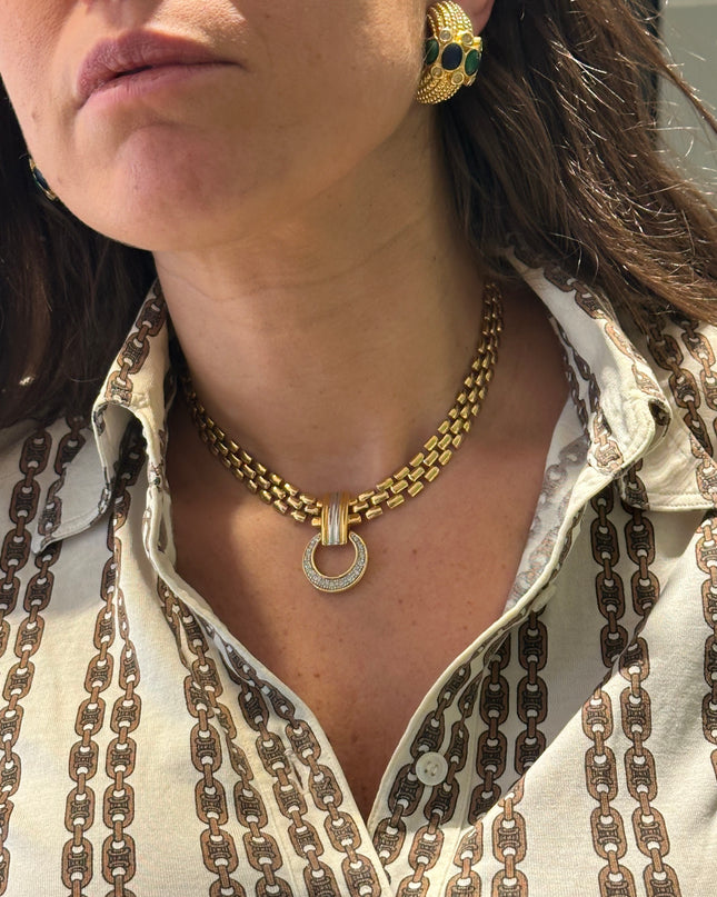 Collier vintage en maille dorée – pendentif anneau – pièce unique