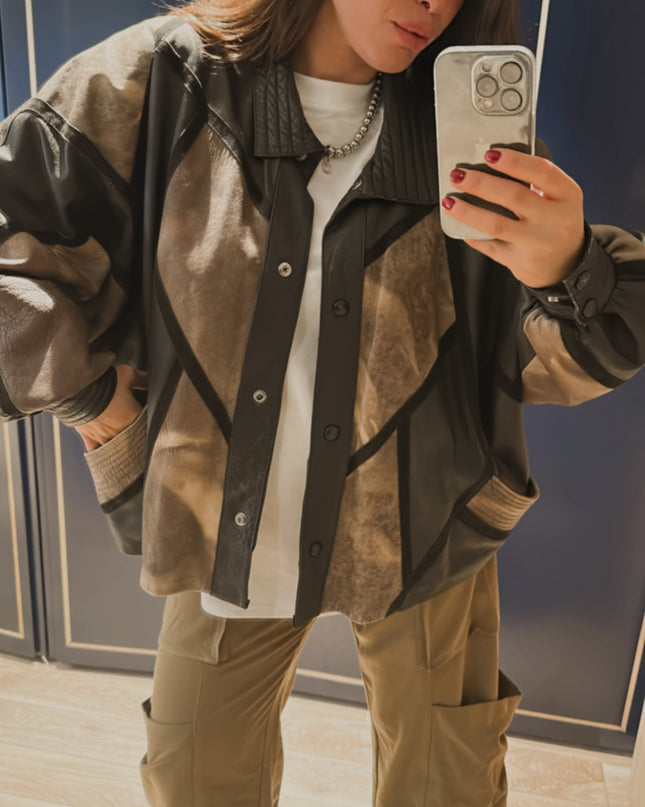 Veste vintage en cuir patchwork – Marron, moutarde et noir – Taille unique