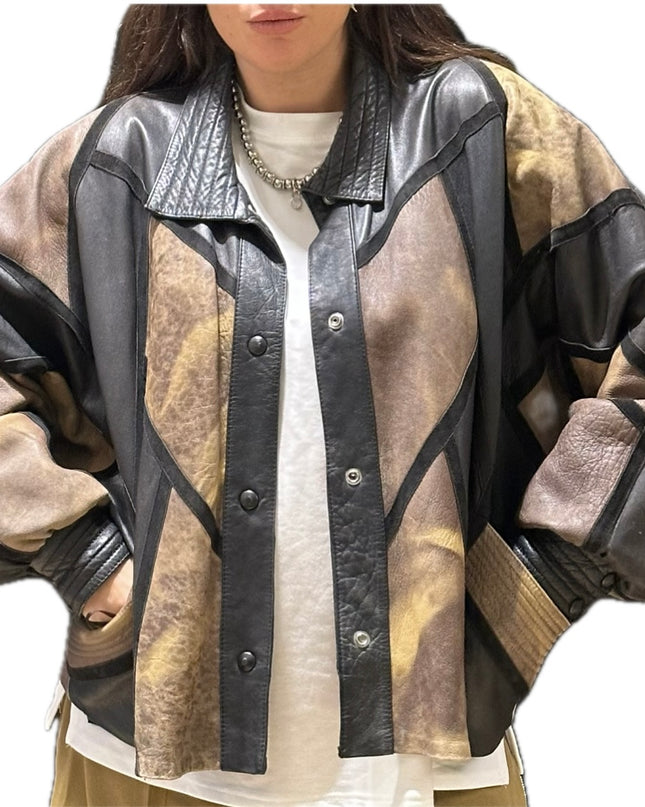 Veste vintage en cuir patchwork – Marron, moutarde et noir – Taille unique