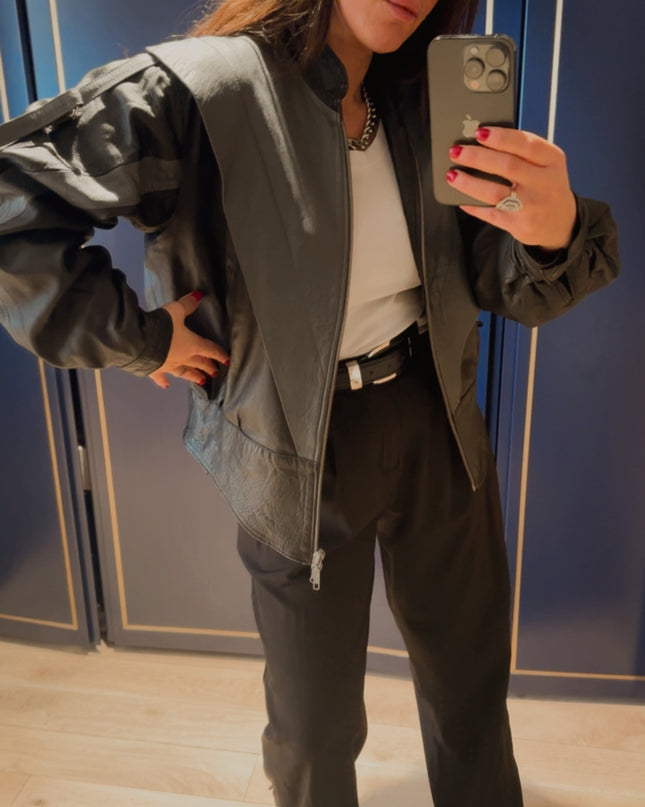 Veste en cuir vintage bicolore – zip – esprit veste sans manches –️– pièce unique