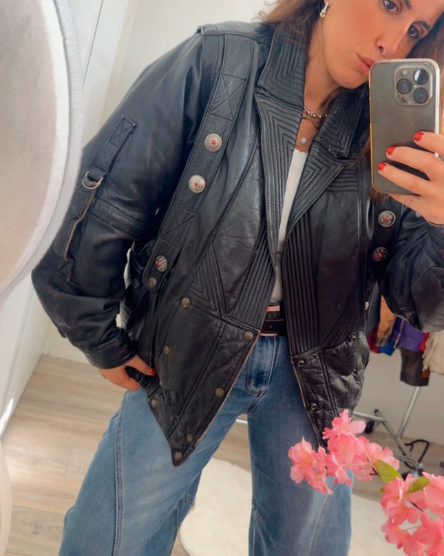 Blouson vintage en cuir 2 en 1 – manches amovibles