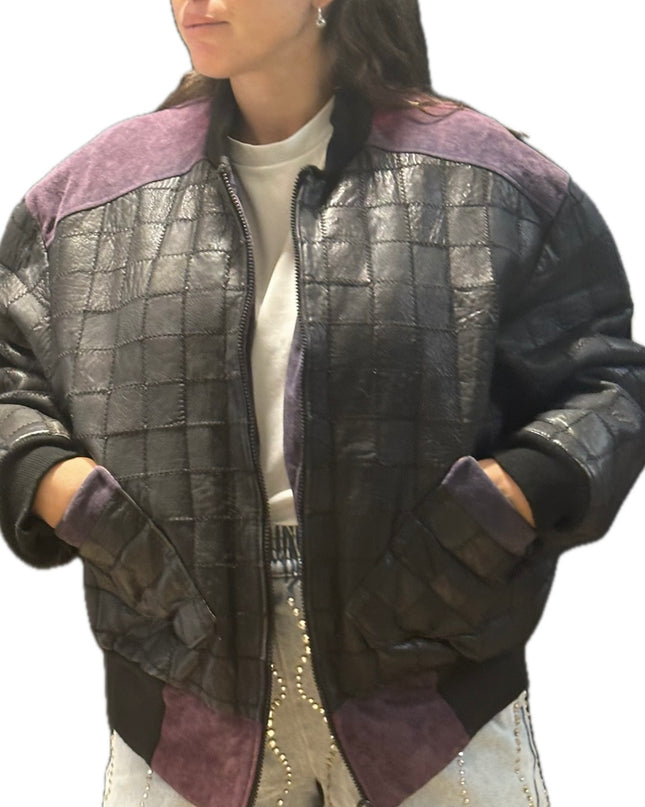 Blouson vintage en cuir patchwork noir et violet – Taille unique