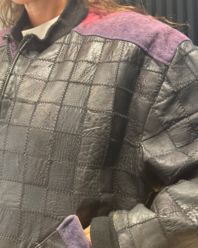 Blouson vintage en cuir patchwork noir et violet – Taille unique