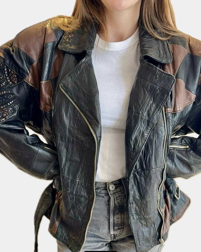 Blouson en cuir vintage – Patchwork marron & noir, ceinturé à la taille (Taille Unique)