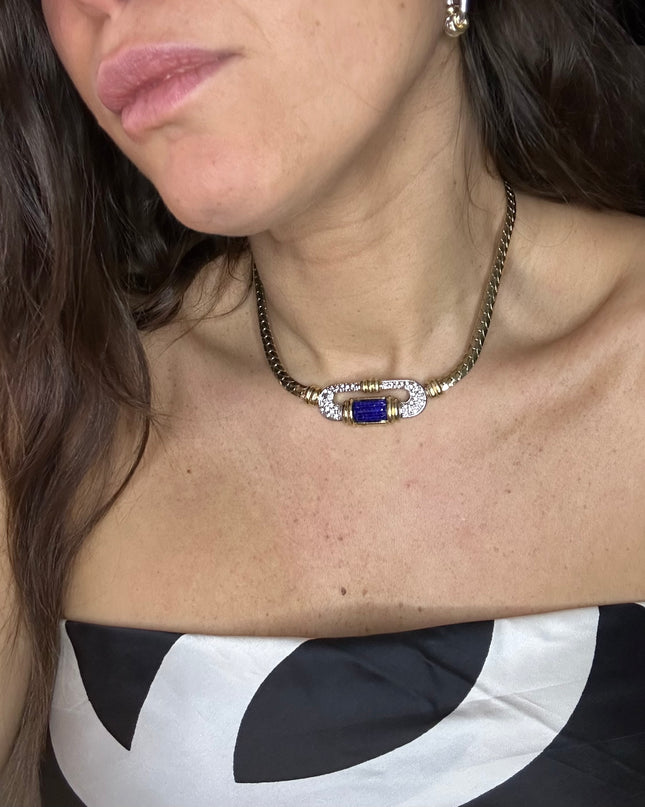 Collier vintage doré à pierre bleue – Bijou fantaisie d’exception