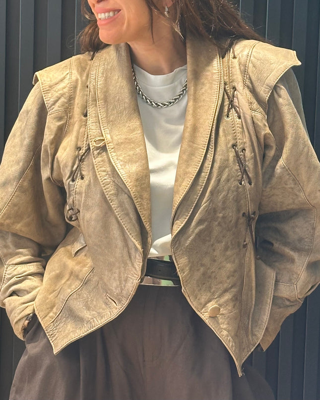 Blouson vintage en cuir effet froissé tie & dye – taille unique
