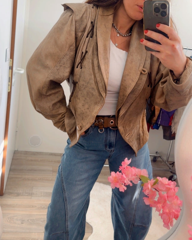 Blouson vintage en cuir effet froissé tie & dye – taille unique