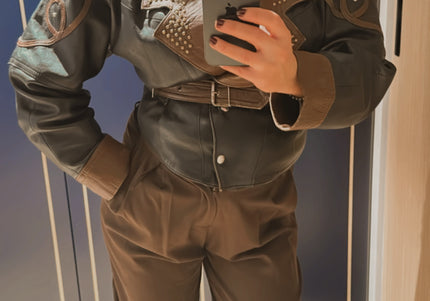 Blouson en cuir vintage noir et marron – Taille unique