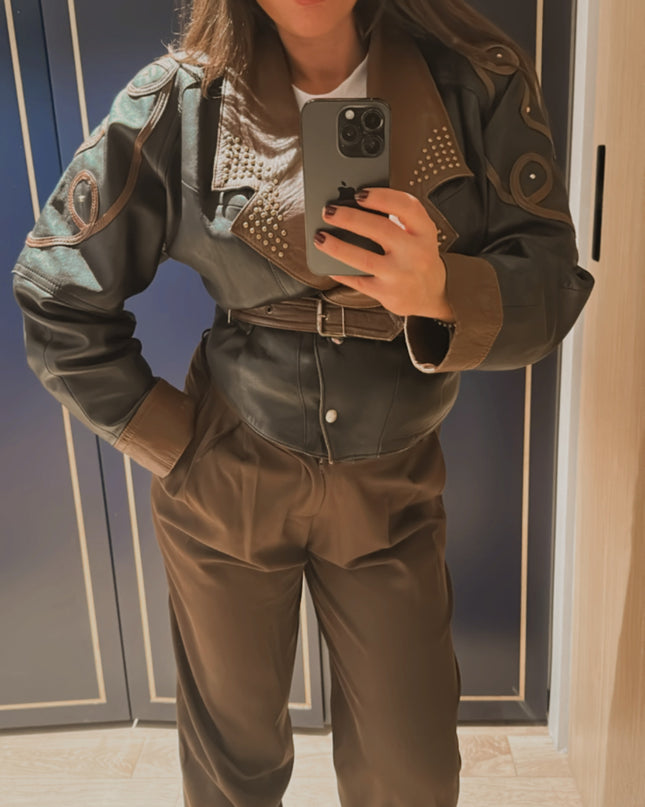 Blouson en cuir vintage noir et marron – Taille unique