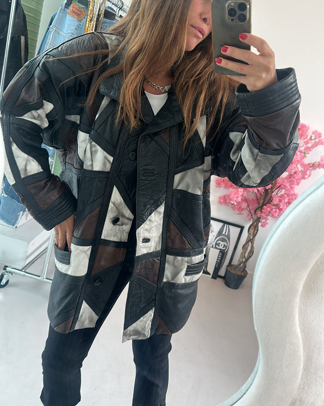 Veste en cuir patchwork marron tie&dye