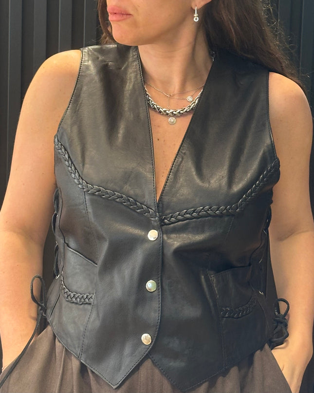 Veste sans manches vintage en cuir avec laçages – taille unique