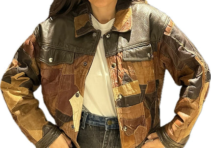 BLOUSON VINTAGE PATCHWORK CUIR MARRON