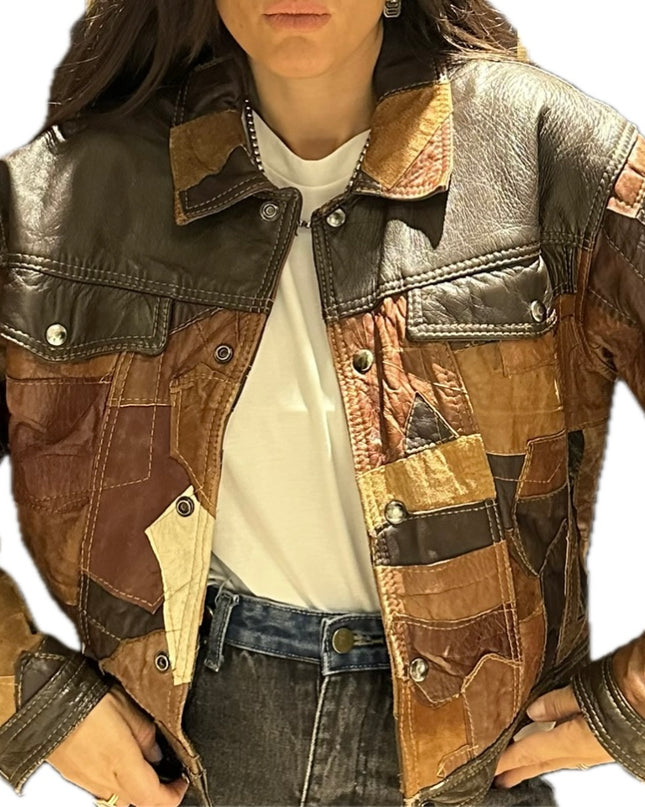 BLOUSON VINTAGE PATCHWORK CUIR MARRON