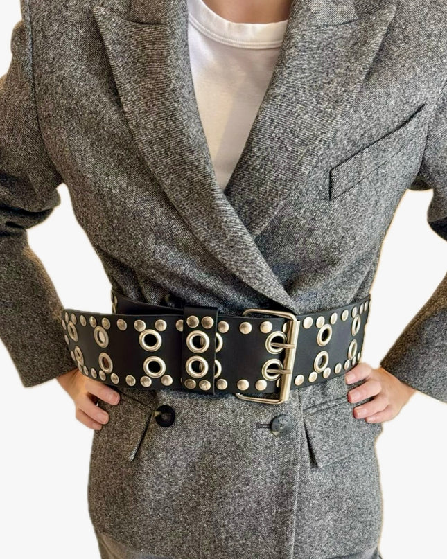 Ceinture vintage en cuir noir – Taille Unique, réglable
