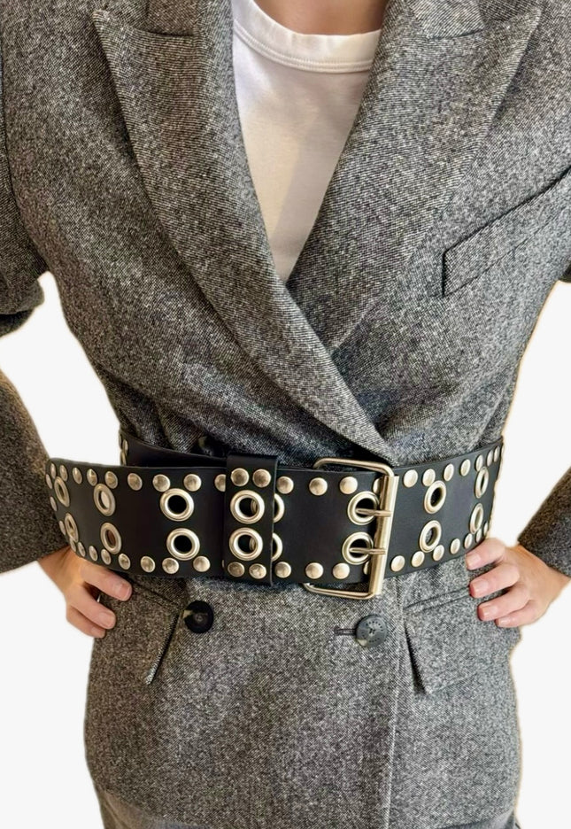 Ceinture vintage en cuir noir – Taille Unique, réglable