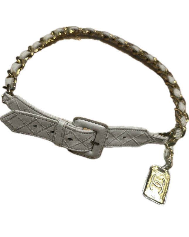 Ceinture Chanel vintage en cuir blanc et chaîne dorée – Taille 80