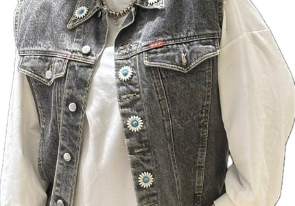 Veste en jean sans manches vintage customisée – Gris délavé – Taille unique