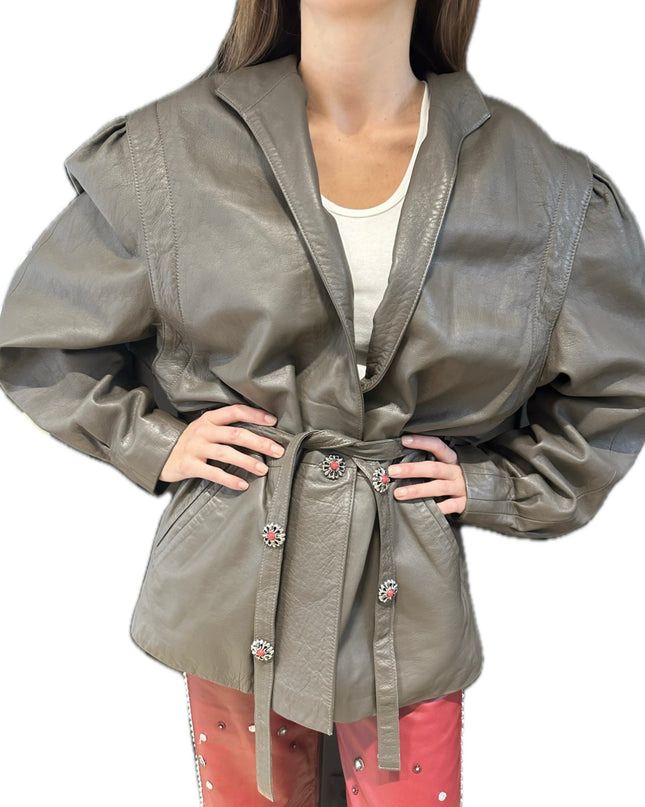 Blouson vintage en cuir – Couleur Kaki – Taille Unique