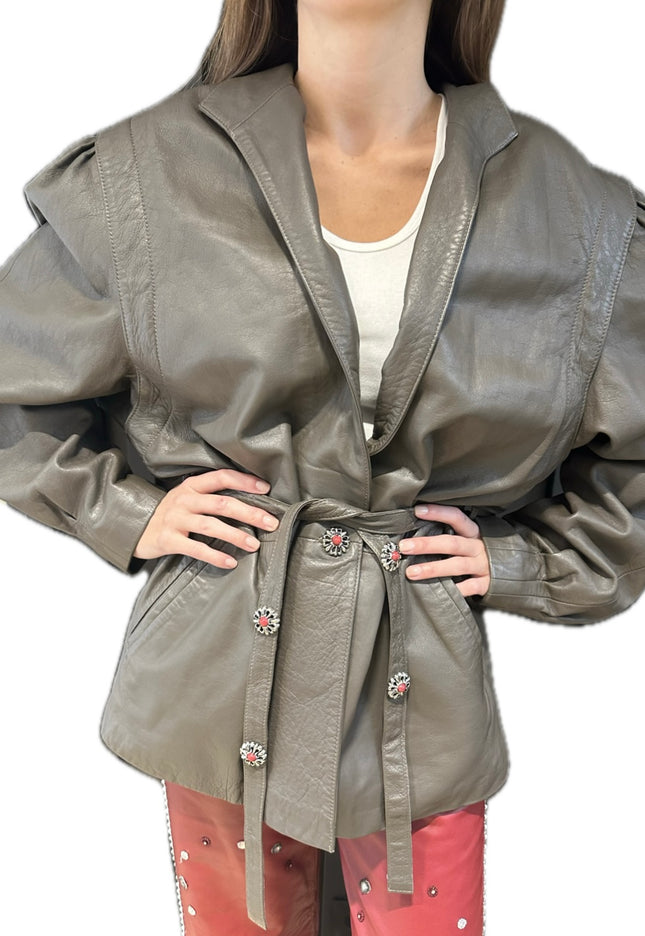 Blouson vintage en cuir – Couleur Kaki – Taille Unique