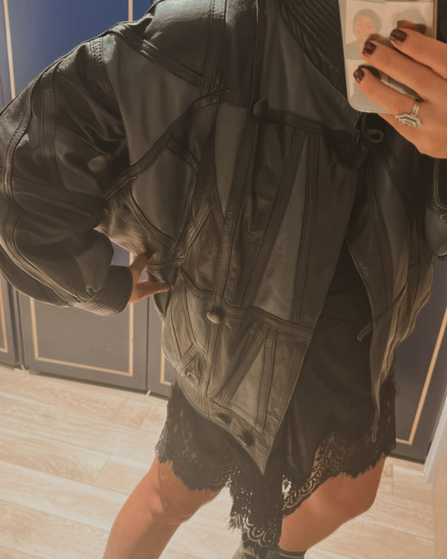 Blouson en cuir vintage patchwork – Gris & Noir (Taille unique)
