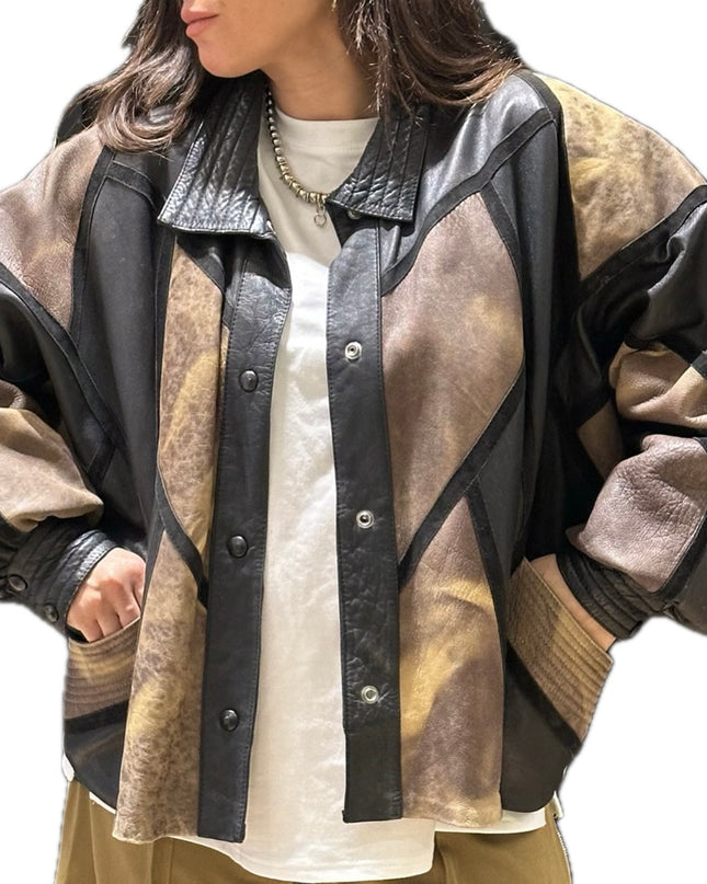 Veste vintage en cuir patchwork – Marron, moutarde et noir – Taille unique