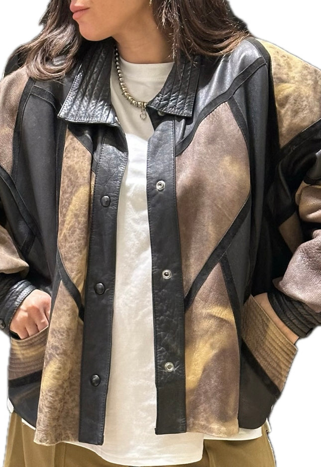 Veste vintage en cuir patchwork – Marron, moutarde et noir – Taille unique