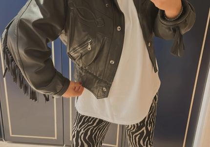 Blouson vintage en cuir à franges – Taille unique